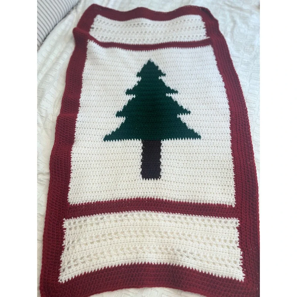 Handmade Crochet Christmas Tree Blanket Red White Green Holiday Throw 24